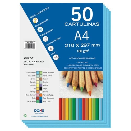 CARTULINA A4 DOHE 180g AZUL OCEANO P/50