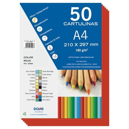 CARTULINA A4 DOHE 180g ROJO P/50