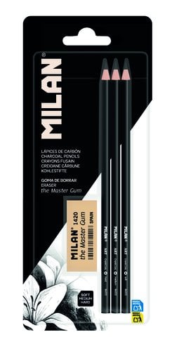 LAPICES CARBONCILLO MILAN BL.3 +GOMA