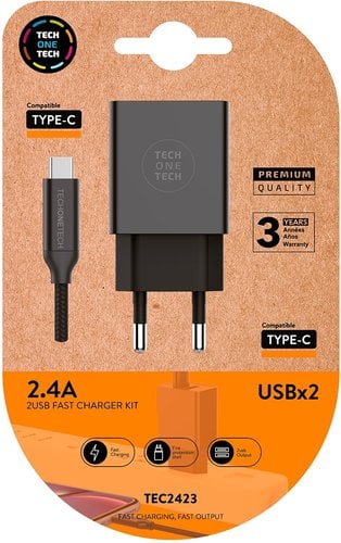 CARGADOR TECHONE DOBLE + CABLE USB-USB-C