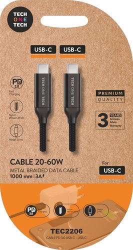 CABLE TECHONE USB-C-USB-C NEGRO 1 m.